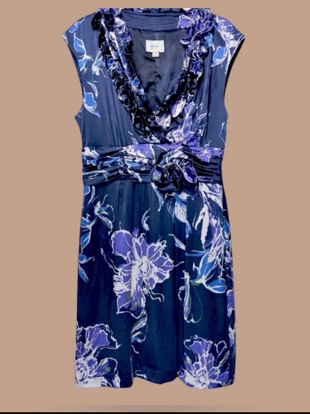 ECI NY Silk Satin Floral Rosette Dress 8 Midnight Blue Y2K Dark Fairy Whimsigoth - Picture 5 of 12